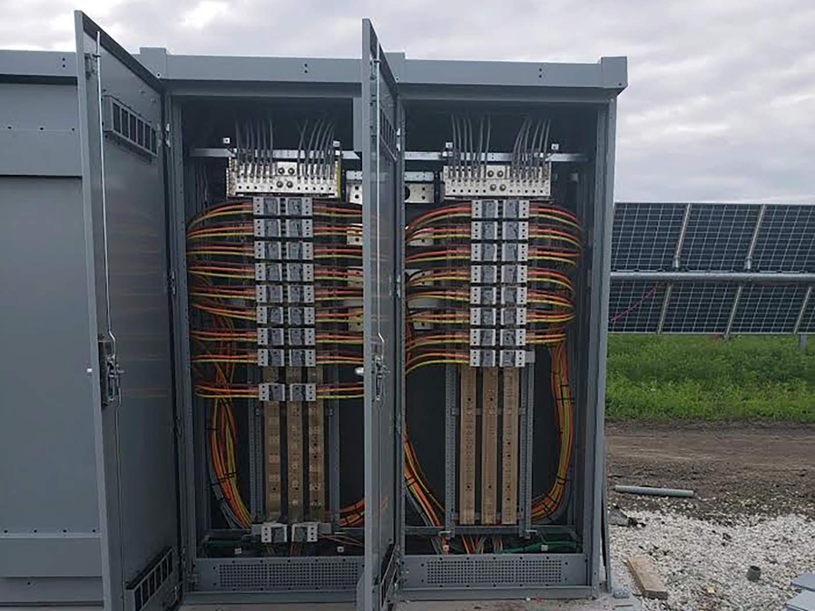 view of an electrical panel on the outside of an industrial and manufacturing facility