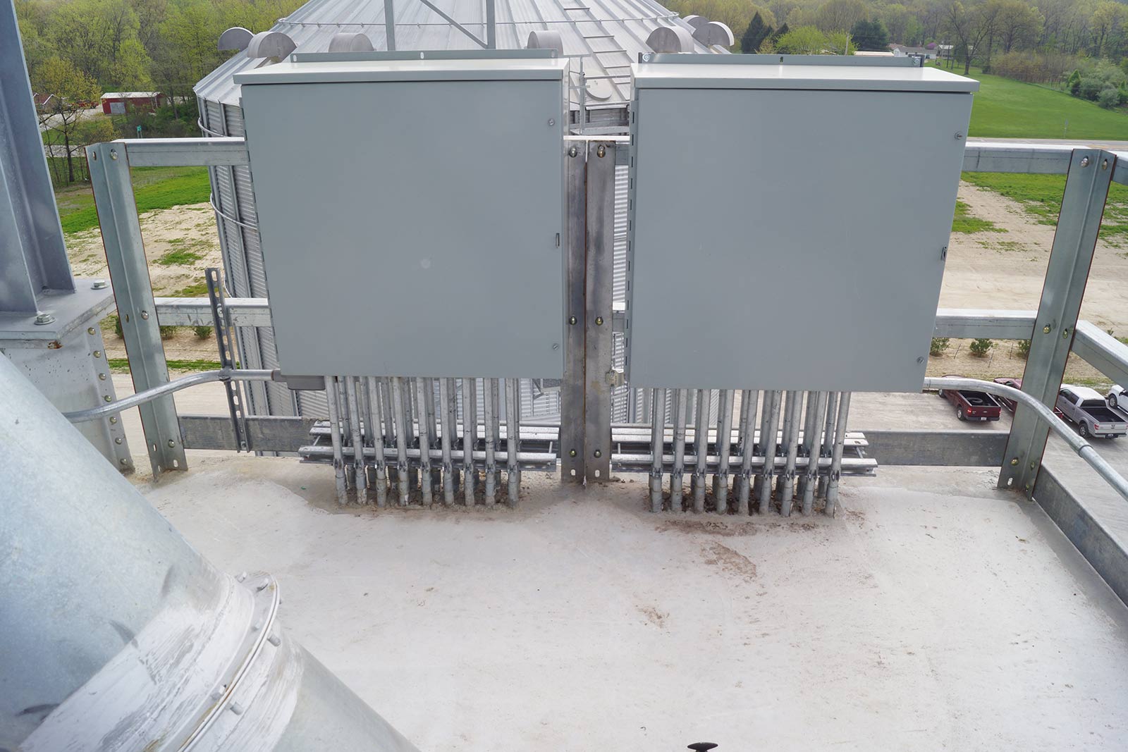 electric panels at the top of an Effingham feed mill